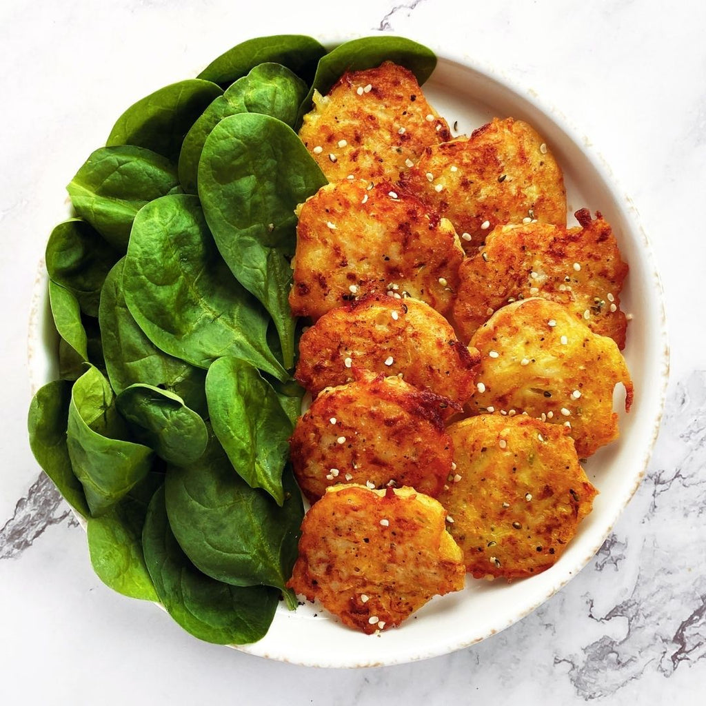 KALABASA AND CORN FRITTERS with Garlic Yogurt Dressing